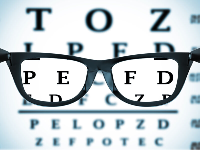 Eye Chart or Sight Test Seen Through Eye Glasses on a white background. 3d Rendering